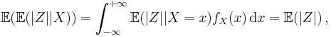  \mathbb{E} ( \mathbb{E} ( |Z| | X ) ) = \int_{-\infty}^{%2B\infty} \mathbb{E} ( |Z| | X=x ) f_X(x) \, \mathrm{d}x = \mathbb{E} (|Z|) \, , 