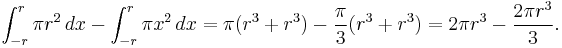 \int_{-r}^r \pi r^2\,dx - \int_{-r}^r \pi x^2\,dx = \pi (r^3 %2B r^3) - \frac{\pi}{3}(r^3 %2B r^3) =  2\pi r^3 - \frac{2\pi r^3}{3}.