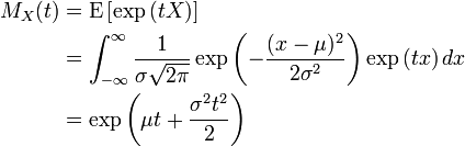 
\begin{align}
M_X(t) & {} = \mathrm{E} \left[ \exp{(tX)} \right] \\
& {} = \int_{-\infty}^{\infty}  \frac{1}{\sigma \sqrt{2\pi} }
\exp{\left( -\frac{(x - \mu)^2}{2 \sigma^2} \right)}
\exp{(tx)} \, dx \\
& {} = \exp{ \left(  \mu t %2B \frac{\sigma^2 t^2}{2} \right)}
\end{align}
