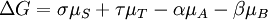  \Delta G =  \sigma \mu_{S} %2B \tau \mu_{T} - \alpha \mu_{A} - \beta \mu_{B}  \,