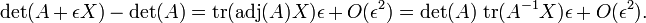 \det(A %2B \epsilon X) - \det(A)
= \operatorname{tr}(\operatorname{adj}(A) X) \epsilon %2B {O}(\epsilon^2)
= \det(A) \,\operatorname{tr}(A^{-1} X) \epsilon %2B {O}(\epsilon^2).