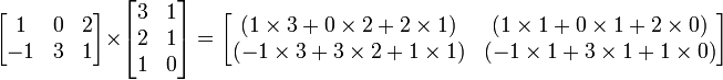 

\begin{bmatrix}
1 & 0 & 2 \\
-1 & 3 & 1 \\
\end{bmatrix}
\times
\begin{bmatrix}
3 & 1 \\
2 & 1 \\
1 & 0 \\
\end{bmatrix}
=
\begin{bmatrix}

( 1 \times 3 %2B 0 \times 2 %2B 2 \times 1)
& ( 1 \times 1 %2B 0 \times 1 %2B 2 \times 0) \\

(-1 \times 3 %2B 3 \times 2 %2B 1 \times 1)
& (-1 \times 1 %2B 3 \times 1 %2B 1 \times 0) \\

\end{bmatrix}
