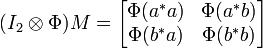 
(I_2 \otimes \Phi) M = 
\begin{bmatrix}
\Phi(a^*a) & \Phi(a^* b) \\
\Phi(b^*a) & \Phi(b^*b)
\end{bmatrix}
