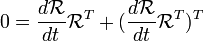 0=\frac{d\mathcal{R}}{dt}\mathcal{R}^T%2B(\frac{d\mathcal{R}}{dt}\mathcal{R}^T)^T