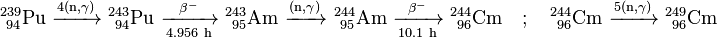 \mathrm{^{239}_{\ 94}Pu\ \xrightarrow {4(n,\gamma)} \ ^{243}_{\ 94}Pu\ \xrightarrow [4.956 \ h]{\beta^-} \ ^{243}_{\ 95}Am\ \xrightarrow {(n,\gamma)} \ ^{244}_{\ 95}Am\ \xrightarrow [10.1 \ h]{\beta^-} \ ^{244}_{\ 96}Cm} \quad; \quad \mathrm{^{244}_{\ 96}Cm\ \xrightarrow {5(n,\gamma)} \ ^{249}_{\ 96}Cm}