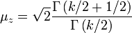 \mu_z= \sqrt{2}
\frac{\Gamma\left(k/2%2B1/2\right)}{\Gamma\left(k/2 \right)}