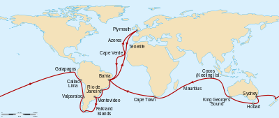 Route from Plymouth, England, south to Cape Verde then southwest across the Atlantic to Bahia, Brazil, south to Rio de Janeiro, Montevideo, the Falkland Islands, round the tip of South America then north to Valparaiso and Callao. Northwest to the Galapagos Islands before sailing west across the Pacific to New Zealand, Sydney, Hobart in Tasmania, and King George's Sound in Western Australia. Northwest to the Keeling Islands, southwest to Mauritius and Cape Town, then northwest to Bahia and northeast back to Plymouth.