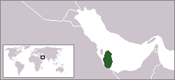 Location and extent of Qatar (green) on the Arabian Peninsula.