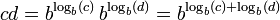  c d = b^{\log_b (c)} \, b^{\log_b (d)} = b^{\log_b (c) %2B \log_b (d)} \,