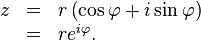 \begin{array}{lll}z& = & r \left (\cos \varphi %2B i \sin \varphi\right) \\
& = & r e^{i \varphi}.
\end{array} \,
