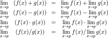 \begin{matrix}
\lim\limits_{x \to p} & (f(x) %2B g(x)) & = & \lim\limits_{x \to p} f(x) %2B \lim\limits_{x \to p} g(x) \\
\lim\limits_{x \to p} & (f(x) - g(x)) & = & \lim\limits_{x \to p} f(x) - \lim\limits_{x \to p} g(x) \\
\lim\limits_{x \to p} & (f(x)\cdot g(x)) & = & \lim\limits_{x \to p} f(x) \cdot \lim\limits_{x \to p} g(x) \\
\lim\limits_{x \to p} & (f(x)/g(x)) & = & {\lim\limits_{x \to p} f(x) / \lim\limits_{x \to p} g(x)}
\end{matrix}