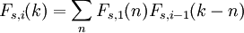 F_{s,i}(k) = \sum_n {F_{s,1}(n) F_{s,i-1}(k - n)} \,