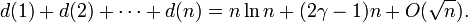 d(1)%2Bd(2)%2B \cdots %2Bd(n) = n \ln n %2B (2 \gamma -1) n %2B O(\sqrt{n}).