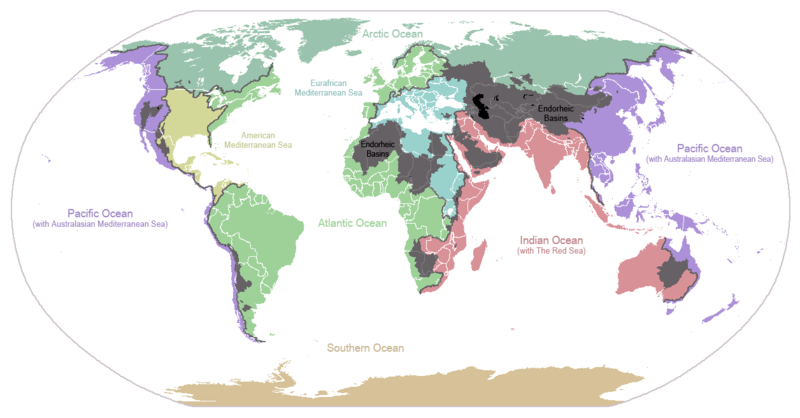 Major continental divides, showing drainage into the major oceans and seas of the world. Grey areas are endorheic basins that do not drain to the ocean.