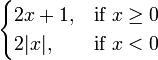 \begin{cases} 2x%2B1, & \mbox{if }  x \ge 0  \\ 2|x|,  & \mbox{if } x<0 \end{cases} 