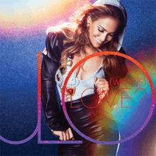 A rainbow background with a woman, in the word downside of rainbow-colour is JLO and inside of JLO is (WHAT IS) LOVE?