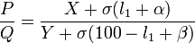 {P \over Q}={{X+\sigma (l_{1}+\alpha )} \over {Y+\sigma (100-l_{1}+\beta )}}