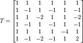 T={\begin{bmatrix}1&1&1&1&1&1\\1&-1&1&-1&1&-1\\1&1&-2&1&1&-2\\1&-1&1&-1&1&-1\\1&1&1&1&-4&1\\1&-1&-2&-1&1&2\end{bmatrix}}