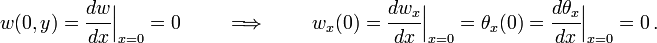 w(0,y)={\cfrac  {dw}{dx}}{\Bigr |}_{{x=0}}=0\qquad \implies \qquad w_{x}(0)={\cfrac  {dw_{x}}{dx}}{\Bigr |}_{{x=0}}=\theta _{x}(0)={\cfrac  {d\theta _{x}}{dx}}{\Bigr |}_{{x=0}}=0\,.