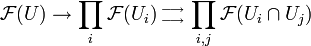 {{\mathcal  F}}(U)\rightarrow \prod _{i}{{\mathcal  F}}(U_{i}){{{} \atop \longrightarrow } \atop {\longrightarrow  \atop {}}}\prod _{{i,j}}{{\mathcal  F}}(U_{i}\cap U_{j})