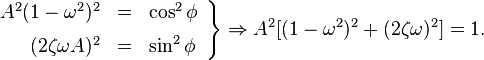 \left.{\begin{array}{rcl}A^{2}(1-\omega ^{2})^{2}&=&\cos ^{2}\phi \\[6pt](2\zeta \omega A)^{2}&=&\sin ^{2}\phi \end{array}}\right\}\Rightarrow A^{2}[(1-\omega ^{2})^{2}+(2\zeta \omega )^{2}]=1.