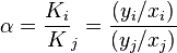 \alpha ={\frac  {K_{i}}K}_{j}={\frac  {(y_{i}/x_{i})}{(y_{j}/x_{j})}}