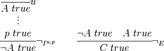 {\cfrac  {{\begin{matrix}{\cfrac  {}{A\ true}}u\\\vdots \\p\ true\end{matrix}}}{\lnot A\ true}}\lnot _{{I^{{u,p}}}}\qquad {\cfrac  {\lnot A\ true\quad A\ true}{C\ true}}\lnot _{E}