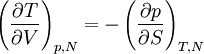 ~\left({\partial T \over \partial V}\right)_{{p,N}}=-\left({\partial p \over \partial S}\right)_{{T,N}}~