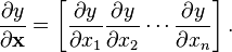 {\frac  {\partial y}{\partial {\mathbf  {x}}}}=\left[{\frac  {\partial y}{\partial x_{1}}}{\frac  {\partial y}{\partial x_{2}}}\cdots {\frac  {\partial y}{\partial x_{n}}}\right].