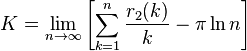 K=\lim _{{n\to \infty }}\left[\sum _{{k=1}}^{{n}}{r_{2}(k) \over k}-\pi \ln n\right]