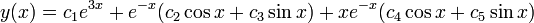 y(x)=c_{{1}}e^{{3x}}+e^{{-x}}(c_{{2}}\cos x+c_{{3}}\sin x)+xe^{{-x}}(c_{{4}}\cos x+c_{{5}}\sin x)\,