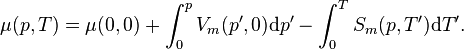 \mu (p,T)=\mu (0,0)+\int _{{0}}^{{p}}V_{{m}}(p^{\prime },0){\mathrm  {d}}p^{\prime }-\int _{{0}}^{T}S_{{m}}(p,T^{\prime }){\mathrm  {d}}T^{\prime }.