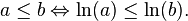 a\leq b\Leftrightarrow \ln(a)\leq \ln(b).