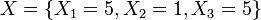 X=\left\{X_{1}=5,X_{2}=1,X_{3}=5\right\}