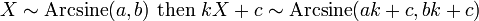 X\sim {{\rm {Arcsine}}}(a,b)\ {\text{then }}kX+c\sim {{\rm {Arcsine}}}(ak+c,bk+c)