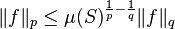 \ \|f\|_{p}\leq \mu (S)^{{{\frac  {1}{p}}-{\frac  {1}{q}}}}\|f\|_{q}