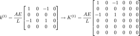 k^{{(1)}}={\frac  {AE}{L}}{\begin{bmatrix}1&0&-1&0\\0&0&0&0\\-1&0&1&0\\0&0&0&0\\\end{bmatrix}}\rightarrow K^{{(1)}}={\frac  {AE}{L}}{\begin{bmatrix}1&0&-1&0&0&0\\0&0&0&0&0&0\\-1&0&1&0&0&0\\0&0&0&0&0&0\\0&0&0&0&0&0\\0&0&0&0&0&0\\\end{bmatrix}}