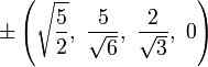 \pm \left({\sqrt  {{\frac  {5}{2}}}},\ {\frac  {5}{{\sqrt  {6}}}},\ {\frac  {2}{{\sqrt  {3}}}},\ 0\right)