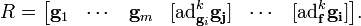 R={\begin{bmatrix}{\mathbf  {g}}_{1}&\cdots &{\mathbf  {g}}_{m}&[{\mathrm  {ad}}_{{{\mathbf  {g}}_{i}}}^{k}{\mathbf  {{\mathbf  {g}}_{j}}}]&\cdots &[{\mathrm  {ad}}_{{{\mathbf  {f}}}}^{k}{\mathbf  {{\mathbf  {g}}_{i}}}]\end{bmatrix}}.