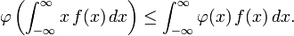 \varphi \left(\int _{{-\infty }}^{\infty }x\,f(x)\,dx\right)\leq \int _{{-\infty }}^{\infty }\varphi (x)\,f(x)\,dx.