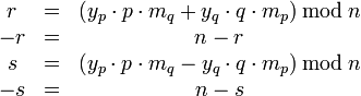 {\begin{matrix}r&=&(y_{p}\cdot p\cdot m_{q}+y_{q}\cdot q\cdot m_{p})\,{\bmod  \,}n\\-r&=&n-r\\s&=&(y_{p}\cdot p\cdot m_{q}-y_{q}\cdot q\cdot m_{p})\,{\bmod  \,}n\\-s&=&n-s\end{matrix}}