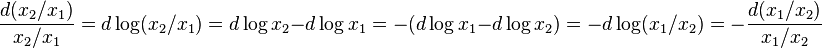 \ {\frac  {d(x_{2}/x_{1})}{x_{2}/x_{1}}}=d\log(x_{2}/x_{1})=d\log x_{2}-d\log x_{1}=-(d\log x_{1}-d\log x_{2})=-d\log(x_{1}/x_{2})=-{\frac  {d(x_{1}/x_{2})}{x_{1}/x_{2}}}