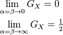 {\begin{aligned}&\lim _{{\alpha =\beta \to 0}}G_{X}=0\\&\lim _{{\alpha =\beta \to \infty }}G_{X}={\tfrac  {1}{2}}\end{aligned}}