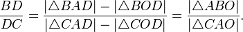 {\frac  {BD}{DC}}={\frac  {|\triangle BAD|-|\triangle BOD|}{|\triangle CAD|-|\triangle COD|}}={\frac  {|\triangle ABO|}{|\triangle CAO|}}.