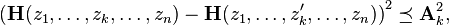 \left({\mathbf  {H}}(z_{1},\ldots ,z_{k},\ldots ,z_{n})-{\mathbf  {H}}(z_{1},\ldots ,z'_{k},\ldots ,z_{n})\right)^{2}\preceq {\mathbf  {A}}_{k}^{2},