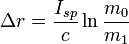 \Delta r={\frac  {I_{{sp}}}{c}}\ln {\frac  {m_{0}}{m_{1}}}