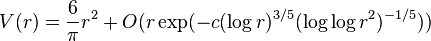 V(r)={\frac  {6}{\pi }}r^{2}+O(r\exp(-c(\log r)^{{3/5}}(\log \log r^{2})^{{-1/5}}))