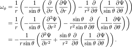 {\begin{aligned}\omega _{\phi }&={1 \over r}\left(-{\frac  {1}{\sin \theta }}\left({\partial  \over \partial r}\left({\frac  {\partial \Psi }{\partial r}}\right)\right)-{\frac  {1}{r^{2}}}{\partial  \over \partial \theta }\left({\frac  {1}{\sin \theta }}{\frac  {\partial \Psi }{\partial \theta }}\right)\right)\\&={1 \over r}\left(-{\frac  {1}{\sin \theta }}\left({\frac  {\partial ^{2}\Psi }{\partial r^{2}}}\right)-{\frac  {\sin \theta }{r^{2}\sin \theta }}{\partial  \over \partial \theta }\left({\frac  {1}{\sin \theta }}{\frac  {\partial \Psi }{\partial \theta }}\right)\right)\\&=-{\frac  {1}{r\sin \theta }}\left({\frac  {\partial ^{2}\Psi }{\partial r^{2}}}+{\frac  {\sin \theta }{r^{2}}}{\partial  \over \partial \theta }\left({\frac  {1}{\sin \theta }}{\frac  {\partial \Psi }{\partial \theta }}\right)\right).\end{aligned}}