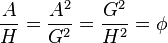 {\frac  {A}{H}}={\frac  {A^{{2}}}{G^{{2}}}}={\frac  {G^{{2}}}{H^{{2}}}}=\phi \,