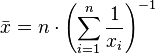 {\bar  {x}}=n\cdot \left(\sum _{{i=1}}^{n}{\frac  {1}{x_{i}}}\right)^{{-1}}